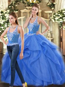 Blue Ball Gowns Straps Sleeveless Tulle Floor Length Lace Up Beading and Ruffles Quinceanera Gown