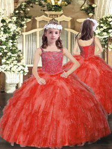 Coral Red Ball Gowns Straps Sleeveless Organza Floor Length Lace Up Beading and Ruffles Kids Pageant Dress