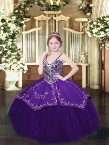 Satin and Organza Spaghetti Straps Sleeveless Lace Up Beading and Embroidery Girls Pageant Dresses in Dark Purple