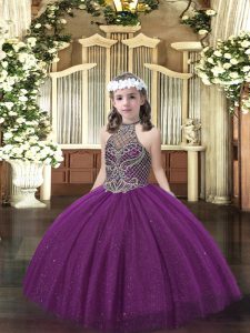 Dark Purple Halter Top Neckline Beading Little Girls Pageant Dress Wholesale Sleeveless Lace Up