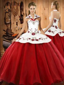 Custom Fit Sleeveless Satin and Tulle Floor Length Lace Up 15 Quinceanera Dress in Wine Red with Embroidery