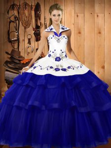 Admirable Halter Top Sleeveless Sweep Train Lace Up Sweet 16 Dresses Royal Blue Organza