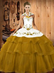 Free and Easy Brown Sweet 16 Quinceanera Dress Satin and Organza Brush Train Sleeveless Embroidery and Ruffled Layers
