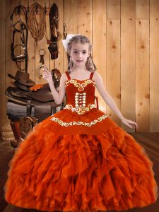 Custom Made Orange Red Lace Up Little Girls Pageant Dress Wholesale Embroidery and Ruffles Sleeveless Floor Length