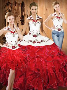 Artistic White And Red Satin and Organza Lace Up Halter Top Sleeveless Floor Length Vestidos de Quinceanera Embroidery and Ruffles