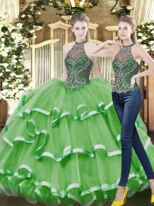 Edgy Sleeveless Organza Floor Length Lace Up 15 Quinceanera Dress in Green with Beading and Ruffled Layers