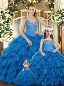 Glorious Teal Lace Up Quinceanera Dresses Beading and Ruffles Sleeveless Floor Length