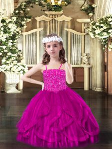 Fuchsia Pageant Dress for Womens Party and Quinceanera with Beading and Ruffles Spaghetti Straps Sleeveless Lace Up