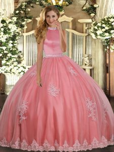 Halter Top Sleeveless Tulle Quinceanera Gown Beading and Appliques Backless