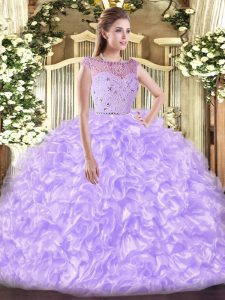 Comfortable Lavender Ball Gowns Tulle Bateau Sleeveless Beading and Ruffles Floor Length Zipper Quince Ball Gowns