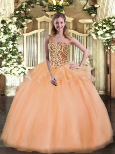 Flare Ball Gowns Vestidos de Quinceanera Peach Sweetheart Tulle Sleeveless Floor Length Lace Up