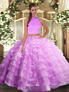 Affordable Organza Halter Top Sleeveless Backless Beading and Ruffled Layers Quinceanera Dress in Lilac