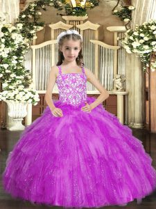 Dramatic Lilac Straps Lace Up Beading and Ruffles Glitz Pageant Dress Sleeveless