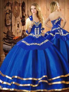 Blue Ball Gowns Embroidery Quinceanera Gowns Lace Up Organza Sleeveless Floor Length