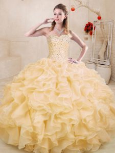 Suitable Sweetheart Sleeveless Lace Up Quinceanera Dresses Gold Organza