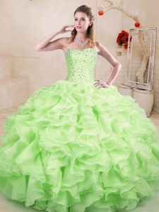 Floor Length Lace Up 15th Birthday Dress Yellow Green for Sweet 16 and Quinceanera with Beading and Ruffles