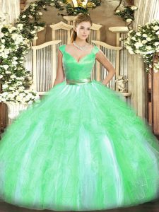 Floor Length Apple Green Ball Gown Prom Dress V-neck Sleeveless Zipper
