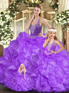 Delicate Sleeveless Floor Length Beading and Ruffles Lace Up Quinceanera Gown with Eggplant Purple