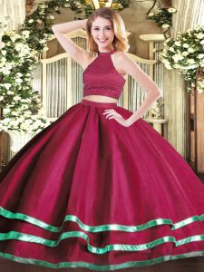 Sleeveless Tulle Floor Length Backless 15 Quinceanera Dress in Fuchsia with Beading
