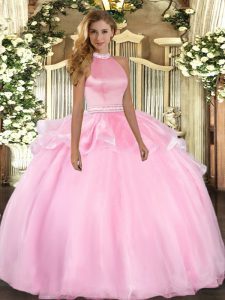 Ball Gowns Sweet 16 Dress Pink Halter Top Tulle Sleeveless Floor Length Backless