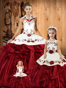Comfortable Wine Red Sleeveless Floor Length Embroidery and Ruffles Lace Up Quinceanera Gown