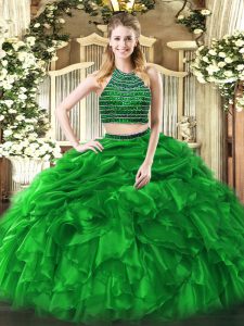 Best Selling Floor Length Green Ball Gown Prom Dress Halter Top Sleeveless Zipper