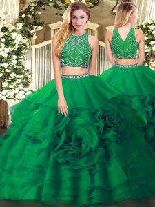 Gorgeous Dark Green Two Pieces Beading and Ruffled Layers Sweet 16 Quinceanera Dress Zipper Tulle Sleeveless Floor Length