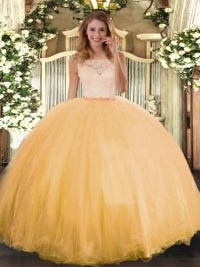 Hot Sale Floor Length Gold Sweet 16 Dresses Tulle Sleeveless Lace