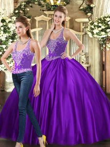 High Quality Purple Straps Lace Up Beading Quinceanera Dress Sleeveless