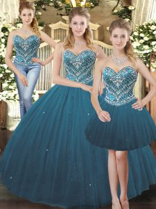 Beading 15 Quinceanera Dress Teal Lace Up Sleeveless Floor Length