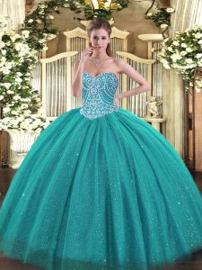 Great Sleeveless Floor Length Beading Lace Up 15th Birthday Dress with Turquoise