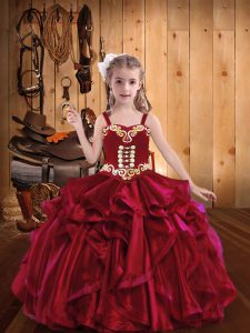 Straps Sleeveless Little Girls Pageant Gowns Floor Length Embroidery and Ruffles Red Organza