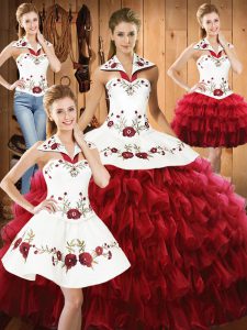 Wine Red Sleeveless Embroidery and Ruffled Layers Floor Length Vestidos de Quinceanera
