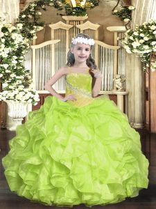 Custom Design Straps Sleeveless Little Girl Pageant Gowns Floor Length Beading Yellow Green Organza