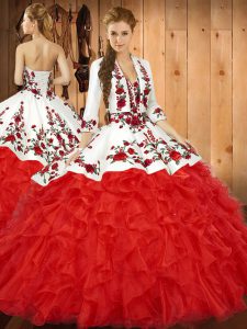 Fancy Sleeveless Floor Length Embroidery and Ruffles Lace Up Sweet 16 Dress with Red