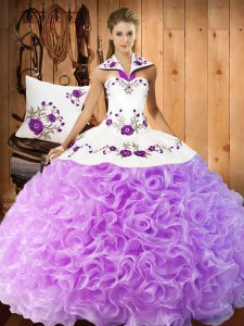 Delicate Sleeveless Fabric With Rolling Flowers Floor Length Lace Up Sweet 16 Dresses in Lilac with Embroidery