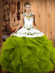 Edgy Olive Green Ball Gowns Halter Top Sleeveless Tulle Floor Length Lace Up Embroidery and Ruffles Quinceanera Gown