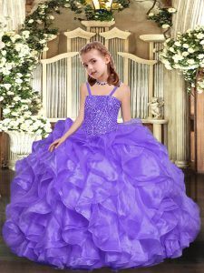 Perfect Lavender Straps Lace Up Beading and Ruffles Girls Pageant Dresses Sleeveless