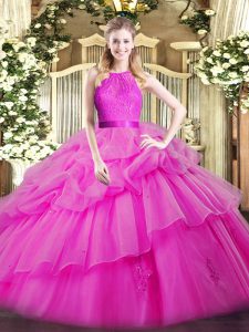 Chic Fuchsia Organza Zipper Ball Gown Prom Dress Sleeveless Floor Length Lace and Ruffled Layers