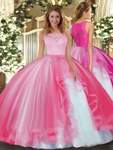On Sale Hot Pink Tulle Clasp Handle Sweet 16 Dress Sleeveless Floor Length Lace and Ruffles