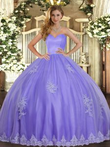 Free and Easy Sleeveless Tulle Floor Length Lace Up 15th Birthday Dress in Lavender with Beading and Appliques