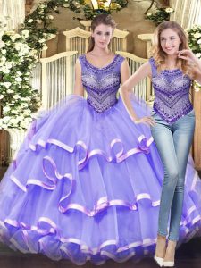 Tulle Scoop Sleeveless Lace Up Beading and Ruffled Layers Vestidos de Quinceanera in Lavender