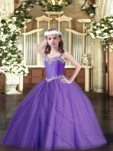 Pretty Lavender Tulle Lace Up Child Pageant Dress Sleeveless Sweep Train Beading