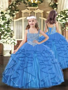 Baby Blue Mermaid Straps Sleeveless Tulle Floor Length Lace Up Beading and Ruffles Little Girls Pageant Gowns