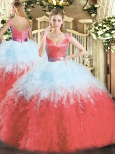 Glittering Floor Length Multi-color Sweet 16 Quinceanera Dress V-neck Sleeveless Zipper