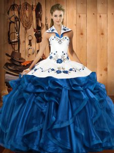 Cute Sleeveless Lace Up Floor Length Embroidery and Ruffles Quince Ball Gowns