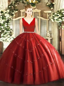 Affordable Wine Red Ball Gowns Beading Sweet 16 Quinceanera Dress Zipper Tulle Sleeveless Floor Length
