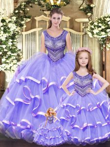Best Selling Sleeveless Floor Length Beading and Ruffled Layers Lace Up Vestidos de Quinceanera with Lilac