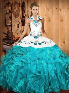 Aqua Blue Lace Up Sweet 16 Quinceanera Dress Embroidery and Ruffles Sleeveless Floor Length