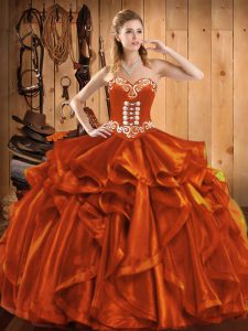 Eye-catching Rust Red Ball Gowns Embroidery Sweet 16 Dresses Lace Up Organza Sleeveless Floor Length